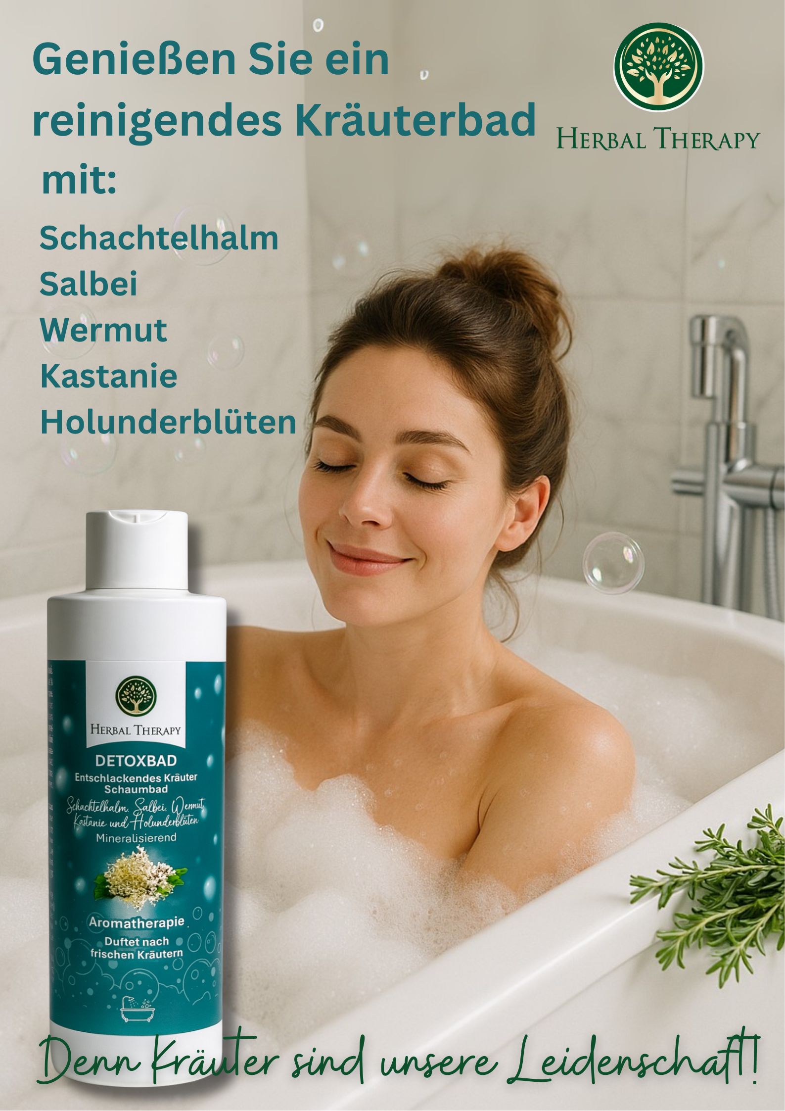Grüne Flasche mit weißem Deckel. Etikett mit Produktname, Kräutern und Logo. Text: Detoxbad, Kräuter Schaumbad, Aromatherapie. Frau im Bad.
