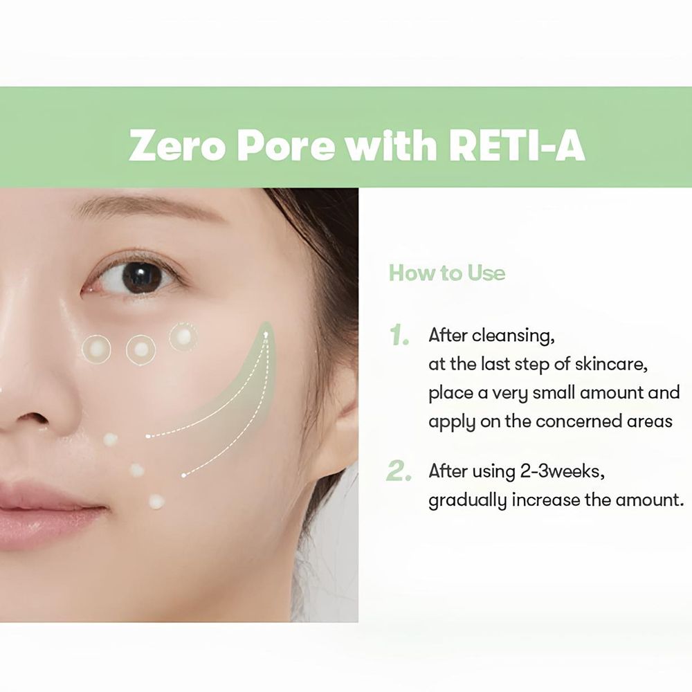 Gesicht mit eingezeichneten Punkten. Anleitung zur Anwendung. Text: Zero Pore with RETI-A.