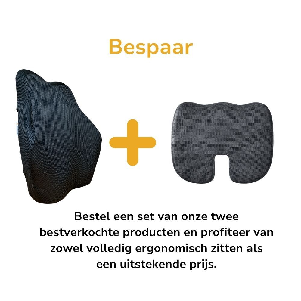 Twee kussens: zit- en lendensteunkussen. Getextureerd materiaal. Tekst: 'Bespaar'.