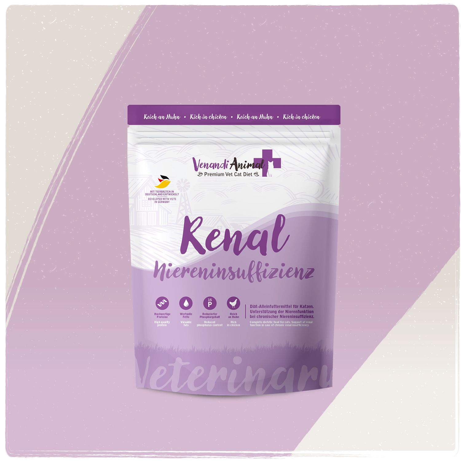Standbeutel mit Venandi Animal Renal Niereninsuffizienz Katzenfutter. Lachs und Huhn.