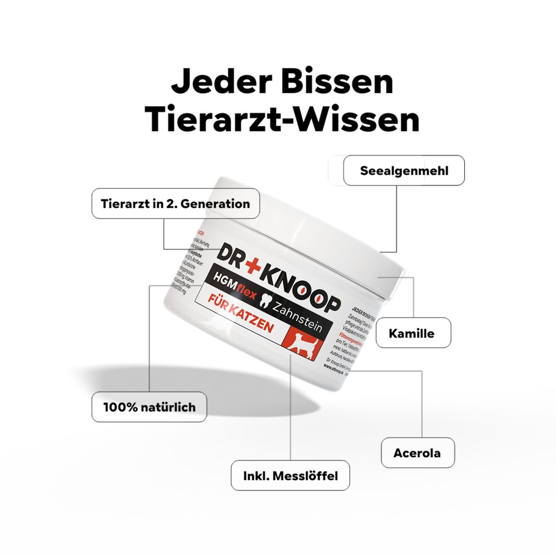 Produkt-Dose mit Beschriftung DR+KNOOP, HGM flex, für Katzen. Beschriftung mit Seealgenmehl, Kamille, Acerola und Messlöffel.