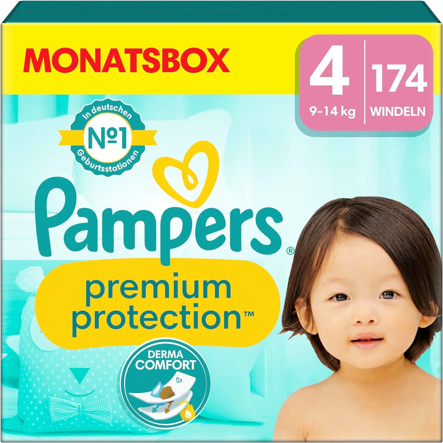 Pampers Windeln Größe 4, Packung mit 174 Windeln. Aufdruck: Premium Protection, Derma Comfort. Baby mit Windel.