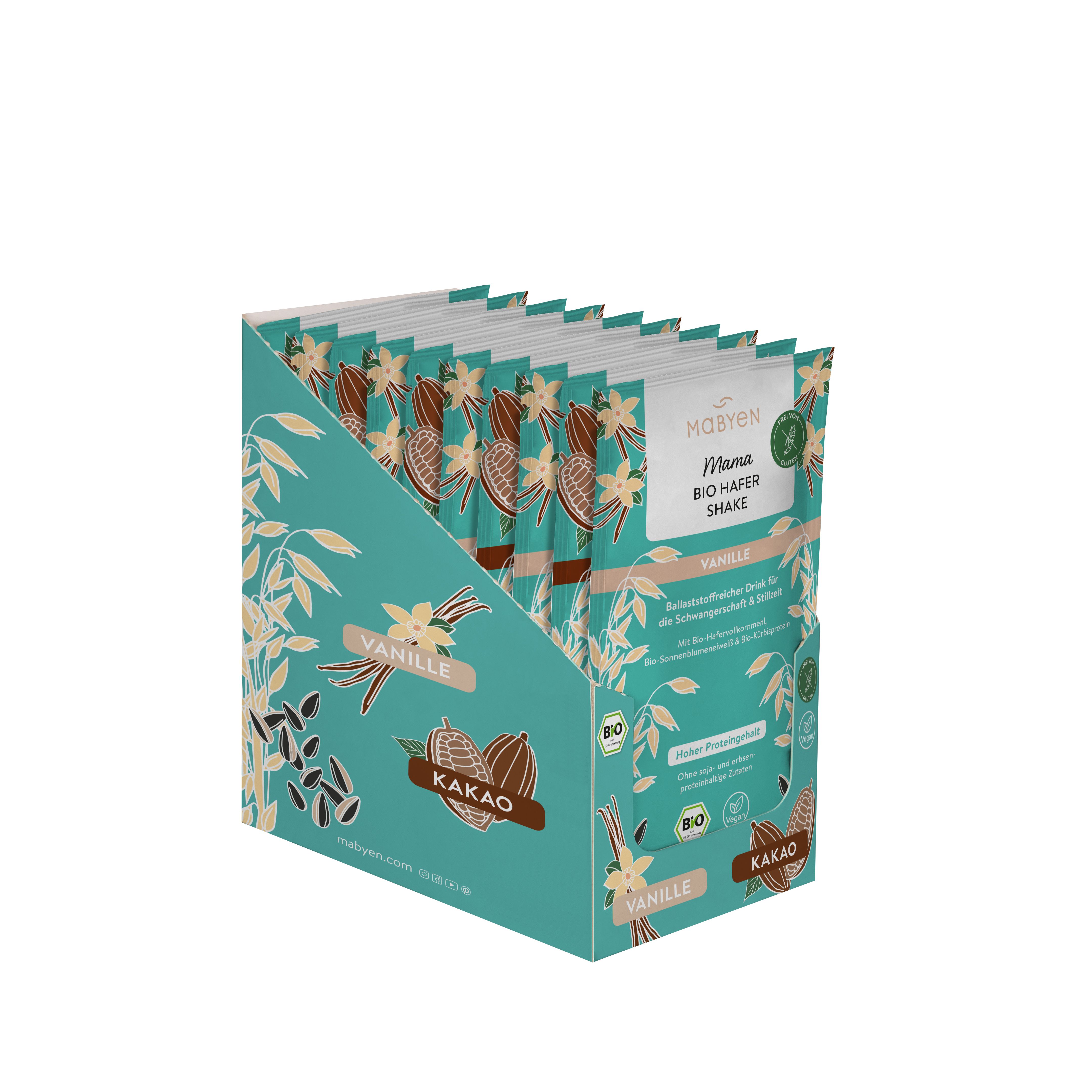 Verpackung mit MABYEN Mama Bio Hafer Shake Vanille/Schoko. Einzelne Beutel in einer Box. Aufdrucke: Vanille, Kakao, Bio.