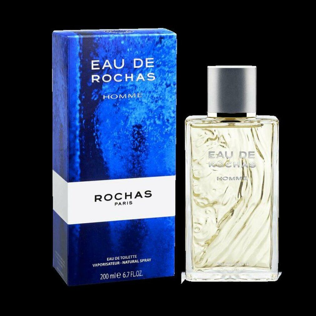 Flakon und blaue Verpackung. Aufschrift: EAU DE ROCHAS HOMME. Darunter: ROCHAS PARIS. Unten: EAU DE TOILETTE.