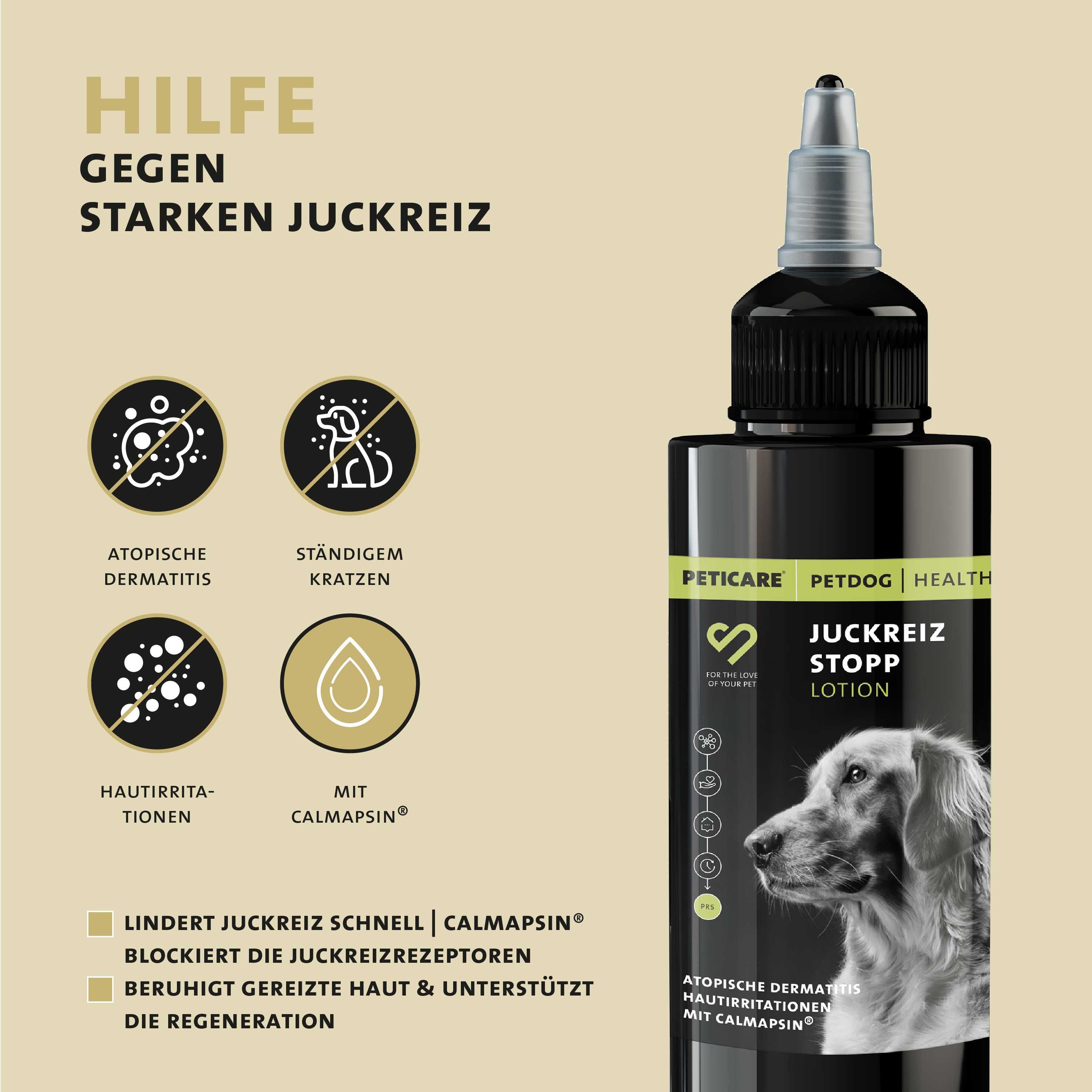 Schwarze Flasche mit Lotion. Aufschrift: Juckreiz Stopp Lotion. Illustrationen zu Hautproblemen.