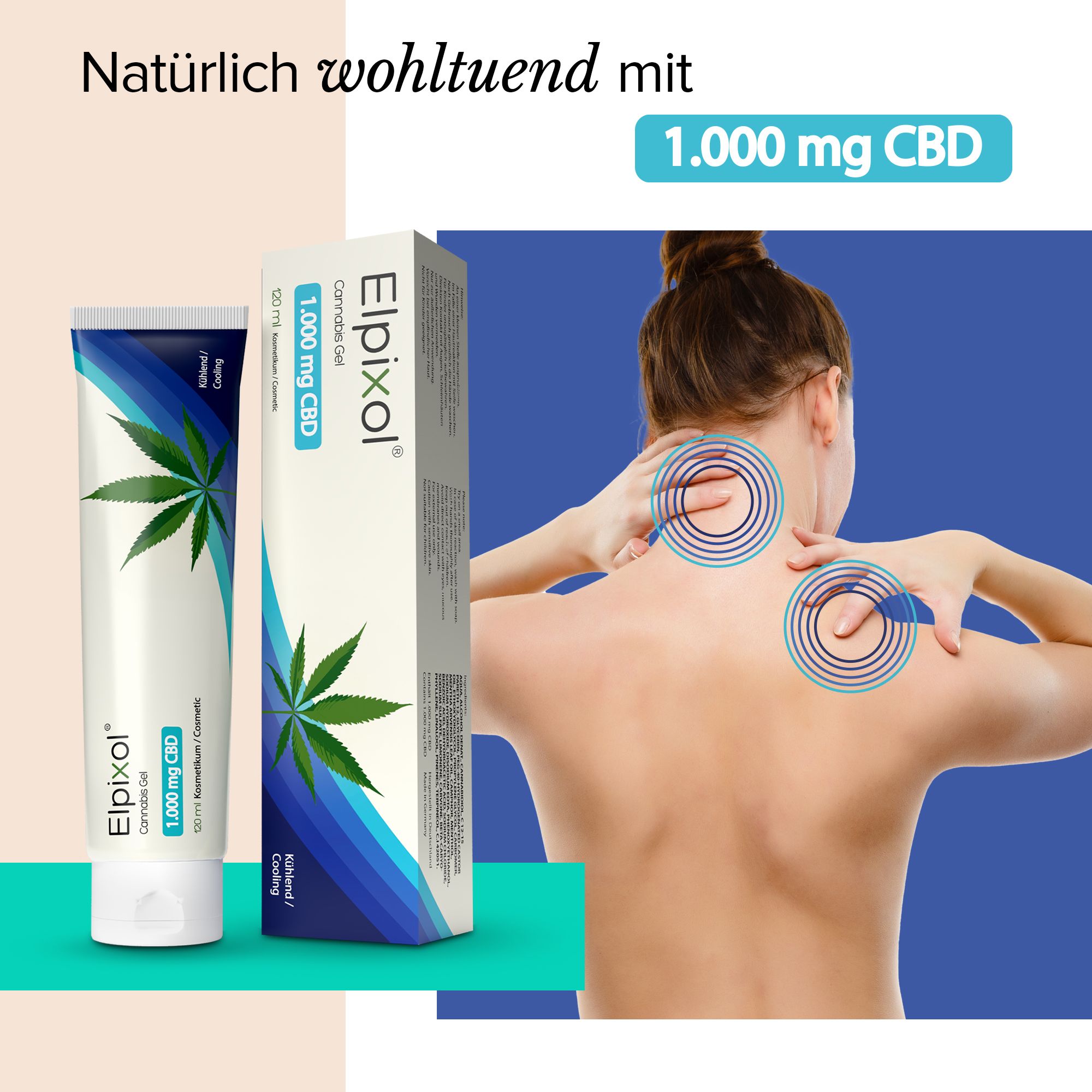Eine Frau mit Schmerzen im Nacken. Neben ihr eine Tube und eine Schachtel mit "Elpixol Cannabis Gel 1.000 mg CBD".