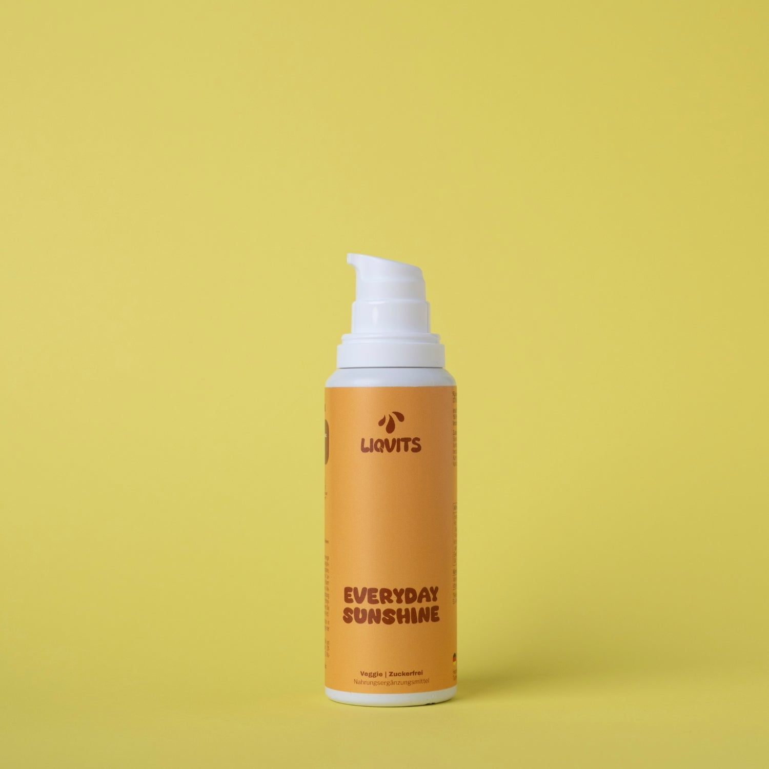 Gelbe Flasche mit weißem Pumpkopf. Aufschrift: LiqVits Everyday Sunshine.