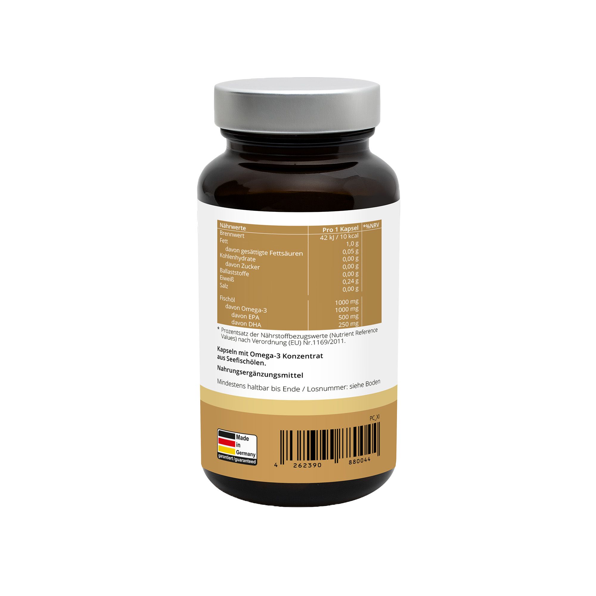 Rückseite der Flasche mit Nährwertangaben. Enthält Omega-3-Konzentrat. Mit Barcode und Made in Germany.