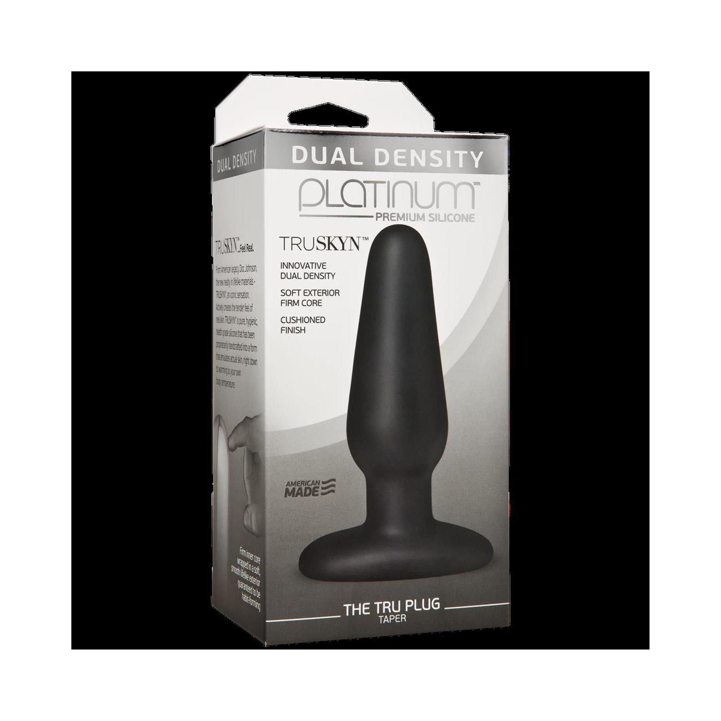 Schwarzer Tru Plug aus Silikon in Verpackung. Aufschrift: Dual Density Platinum, TruSkyn, The Tru Plug Taper.