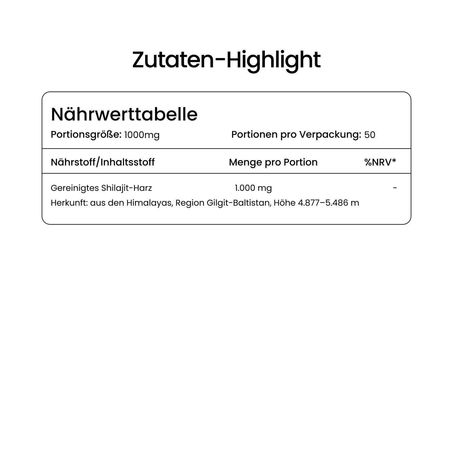 Nährwerttabelle. Zeigt Nährwertangaben für 'Gereinigtes Shilajit-Harz'. Enthält Angaben zu Portionsgröße und Portionen pro Verpackung.