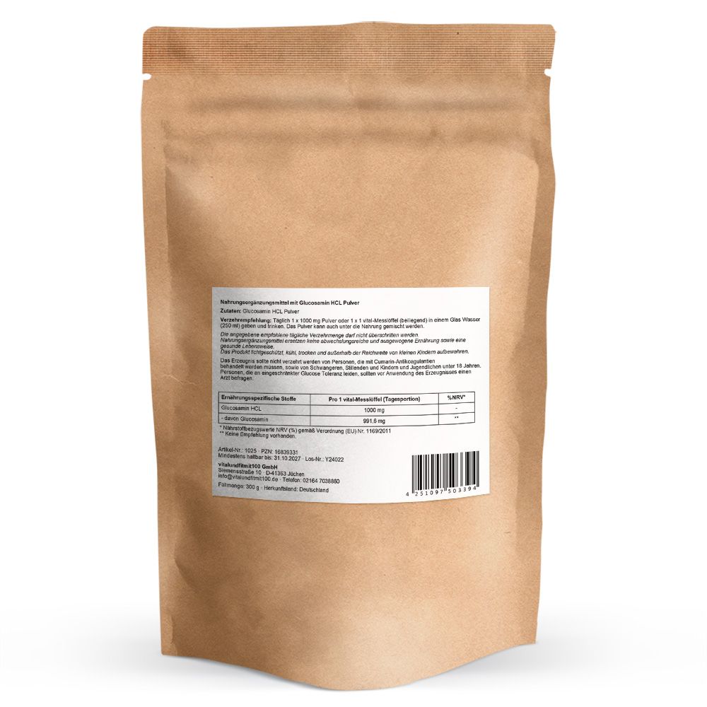 Rückseite eines braunen Beutels. Text: Nährwertangaben, Inhaltsstoffe, Herstellerinformationen, Barcode. Aufschrift: Glucosamin HCL Pulver.