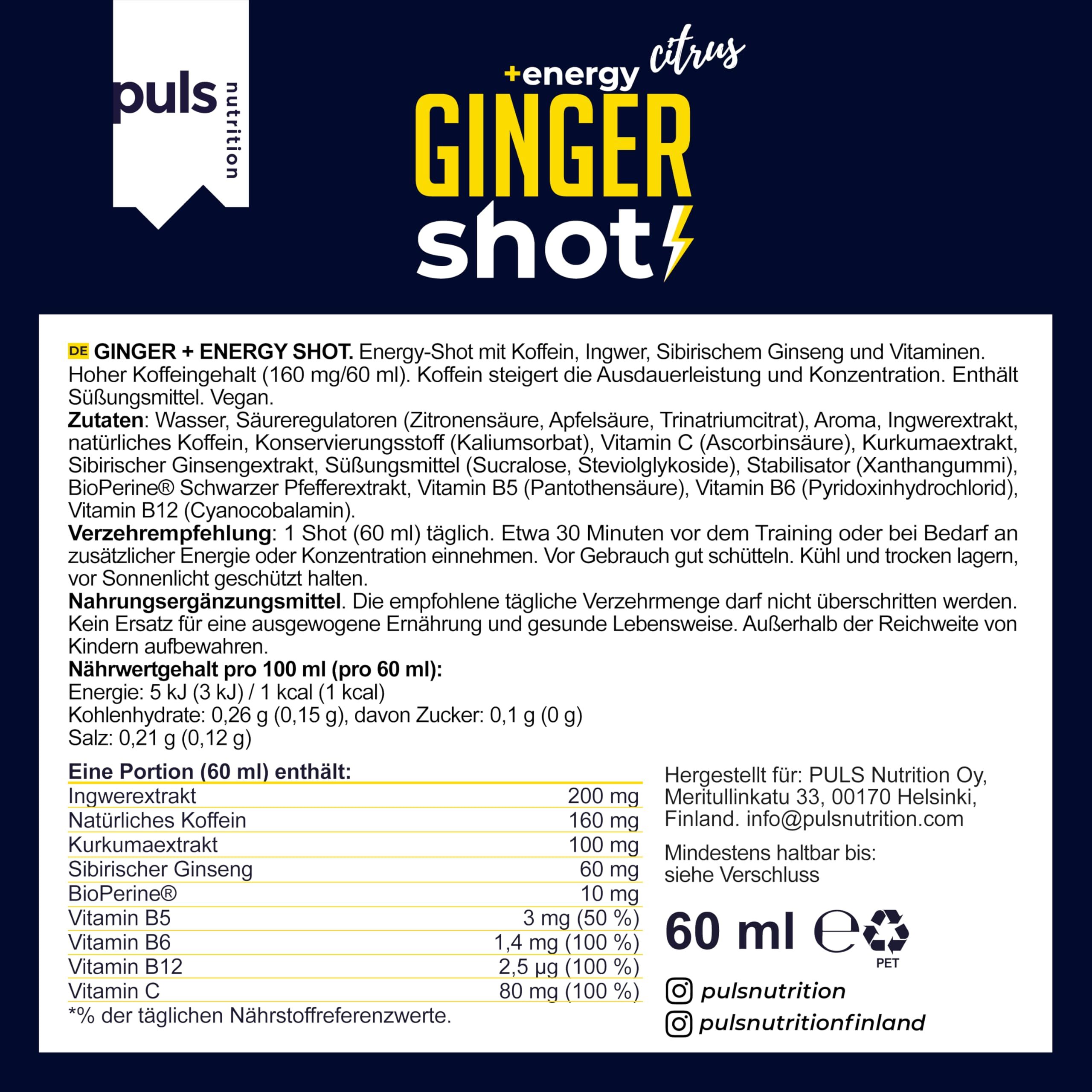 Rückseite eines Ingwer-Energie-Shots mit Nährwertangaben und Zutatenliste.