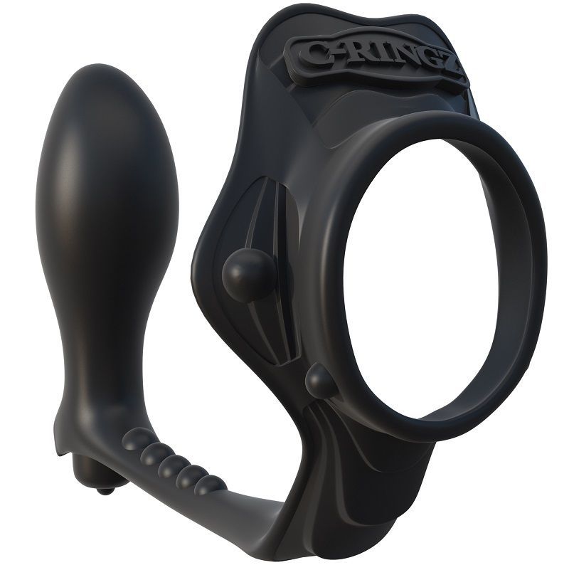Schwarzer C-Ring mit einem externen Vibrationsbullet und einer analenilage.