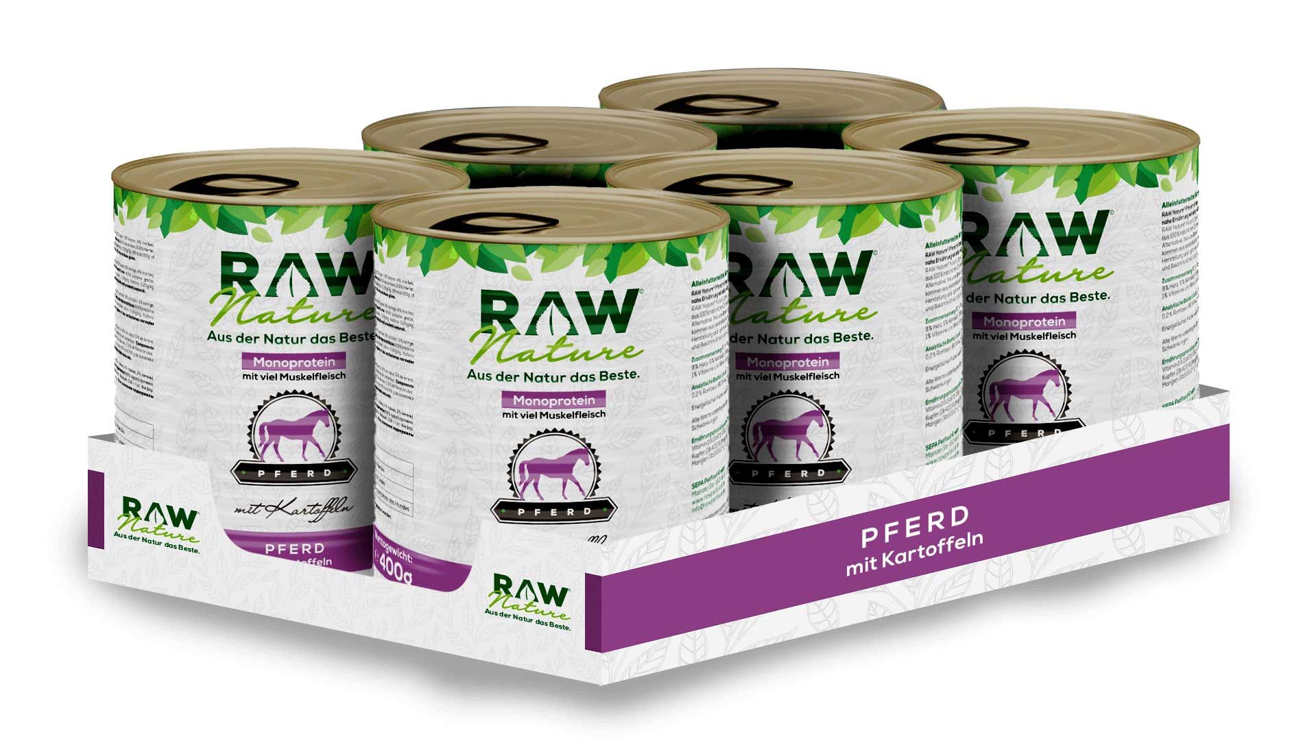 Sechs Dosen Nassfutter in einer Verpackung. Auf jeder Dose steht "RAW Nature Pferd mit Kartoffeln".