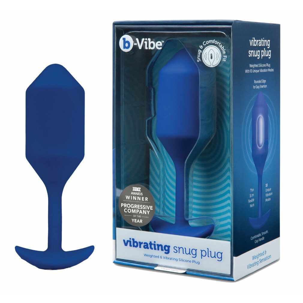 Blauer Analplug neben der Produktverpackung. Auf der Verpackung steht 'b-Vibe' und 'vibrating snug plug'.