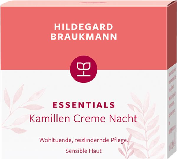 Produktverpackung. Oben: Hildegard Braukmann. Unten: Essentials Kamillen Creme Nacht. Rosa-weißes Design.