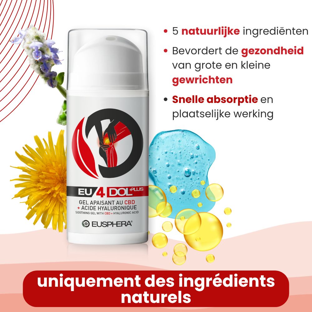 Fles met tekst. Tekst: EU4DOL Plus, Eusphera. Ingrediënten: paardenbloem, blauwe vloeistof.