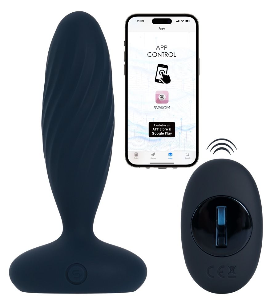 Dunkelblauer Analvibrator mit Fernbedienung und Smartphone-App-Steuerung. Auf dem Smartphone-Bildschirm ist die App-Oberfläche von SVAKOM zu sehen.