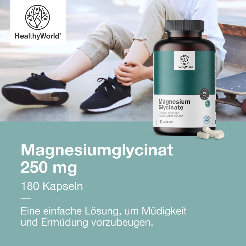 Person sitzt auf einem Skatepark. Flasche Magnesiumglycinat, 250 mg, 180 Kapseln. Marke: HealthyWorld.
