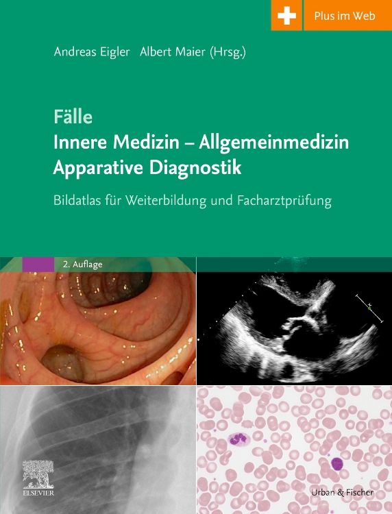 Buchcover: "Fälle Innere Medizin". Titel, Autoren, und Untertitel. Abbildungen von medizinischen Bildern. Verlag Urban & Fischer, Elsevier.