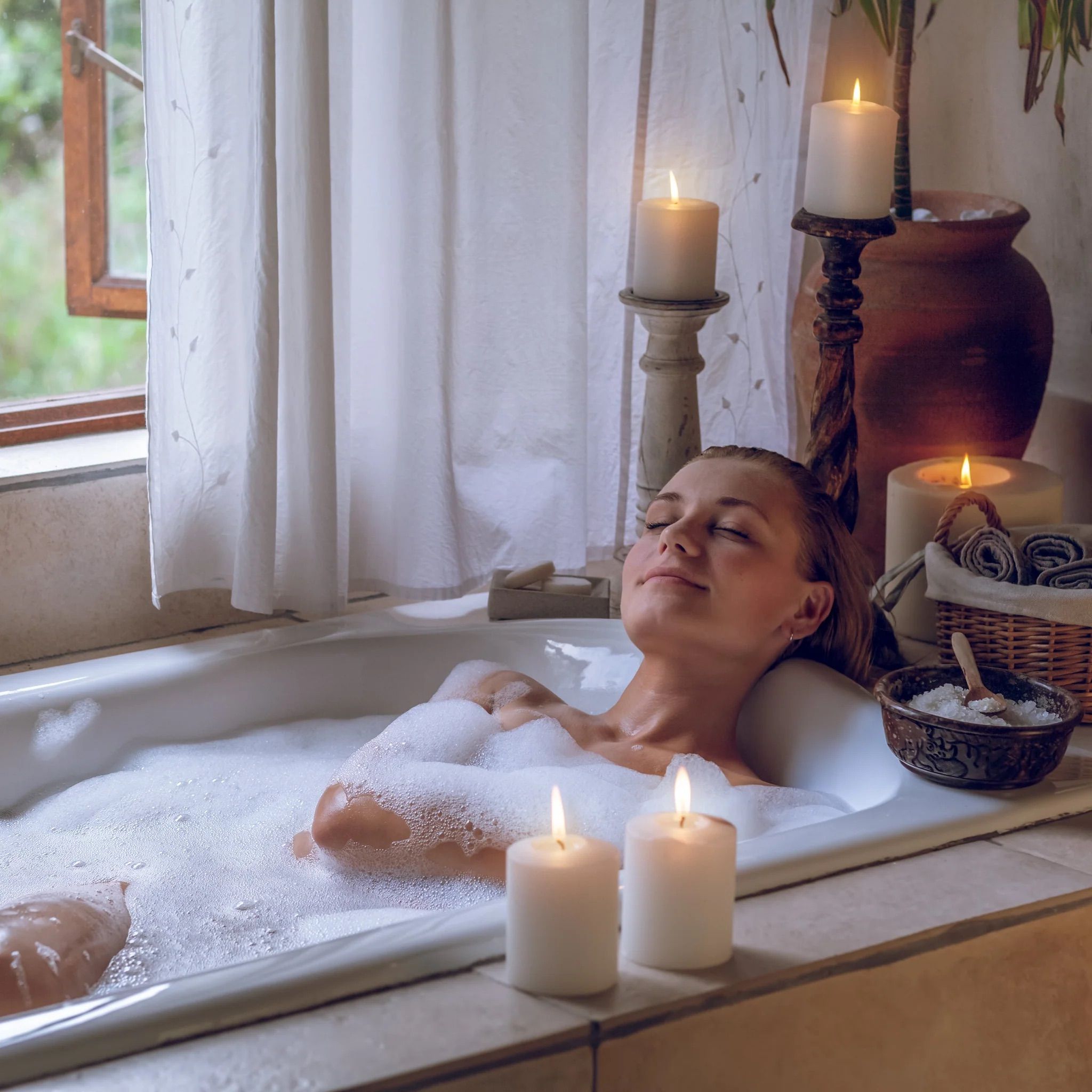 Frau in Badewanne mit Schaum und Kerzen. Kerzen auf dem Rand. Fenster im Hintergrund. Korb mit Handtüchern.