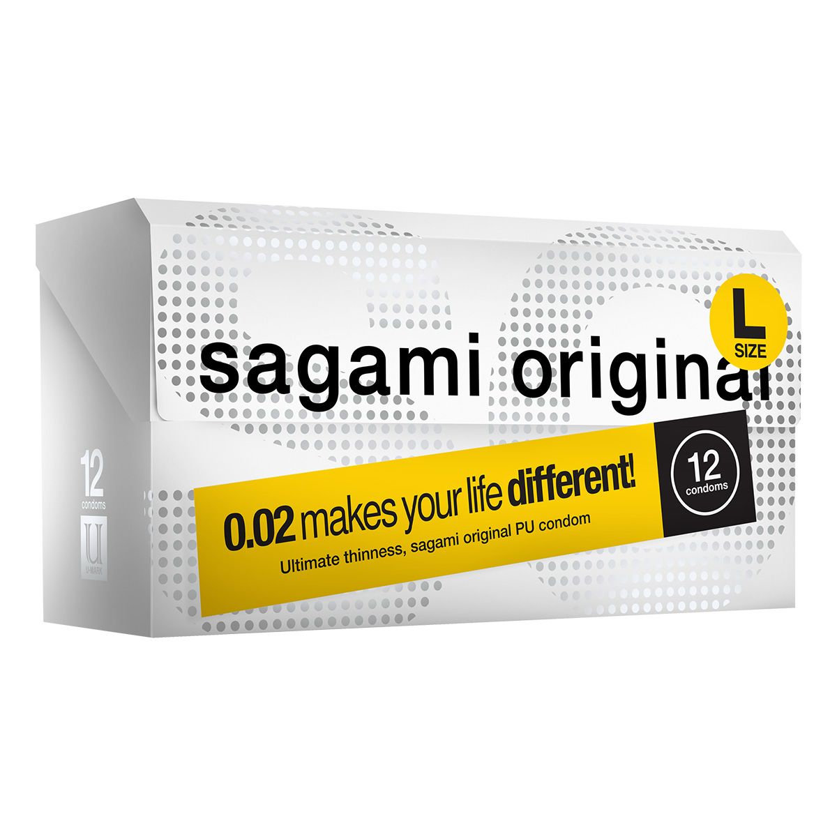 Weiße Verpackung mit "sagami original"-Schriftzug. Gelber Streifen mit Text und "12 condoms". "L SIZE"-Kennzeichnung.