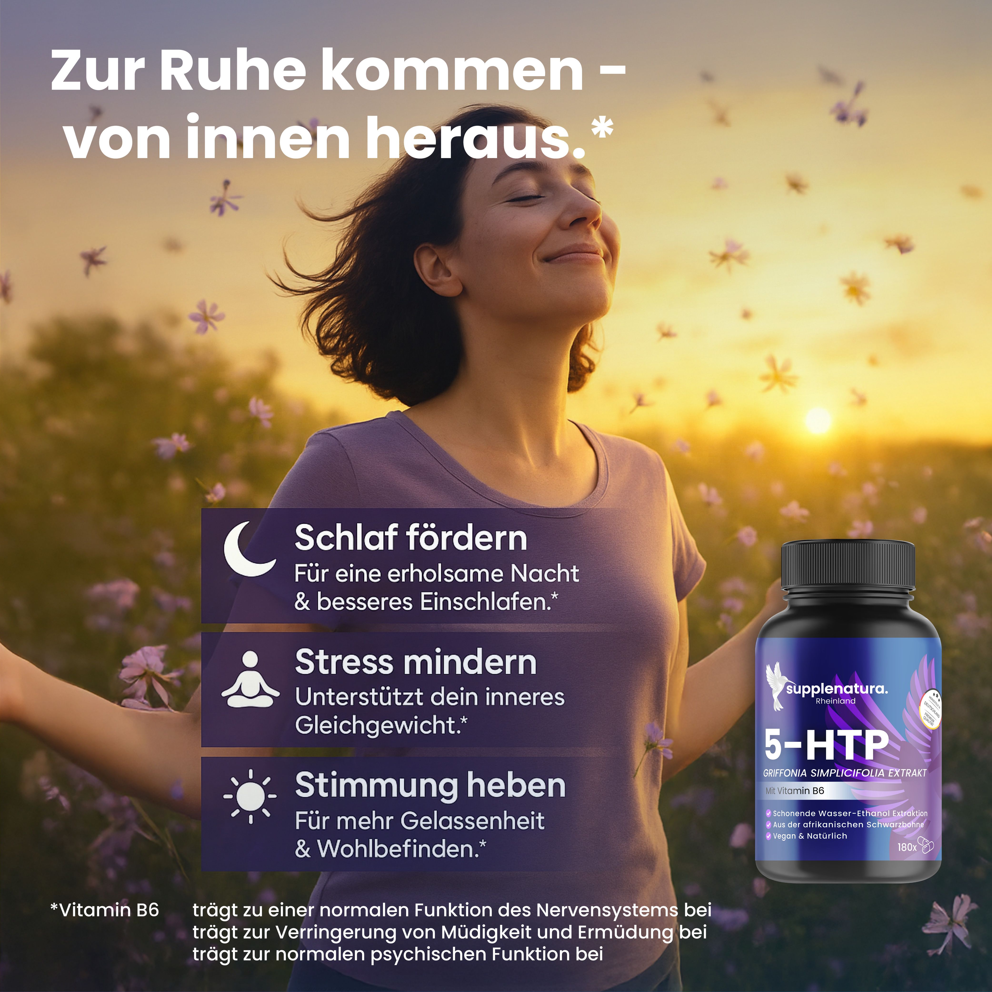 Frau mit geschlossenen Augen. Flasche supplenatura Rheinland® 5-HTP mit Vitamin B6. Text über Schlaf, Stress und Stimmung.
