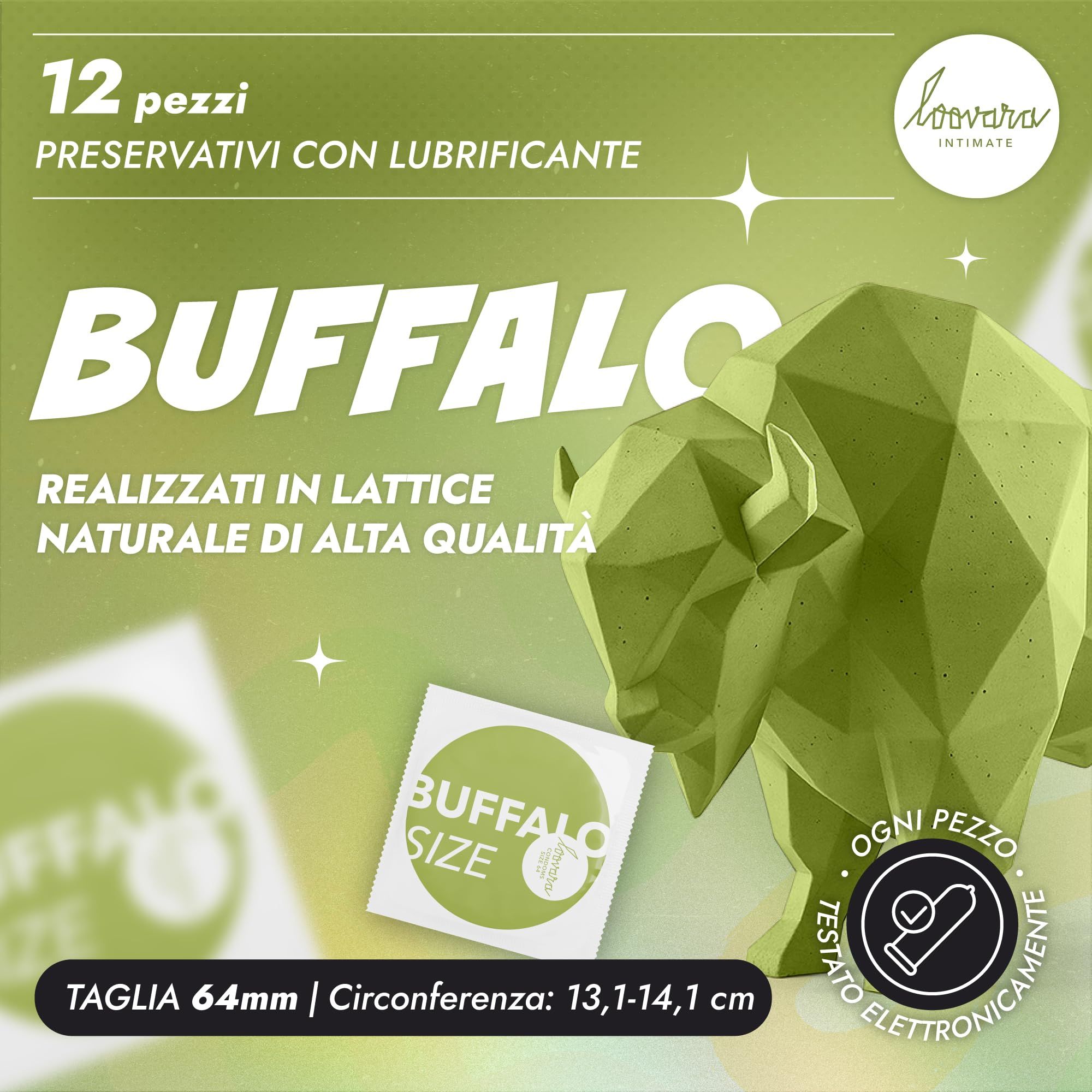 Loovara BUFFALO Kondome, 12 Stück, mit Büffel-Illustration, Größe 64 mm, aus Naturlatex.