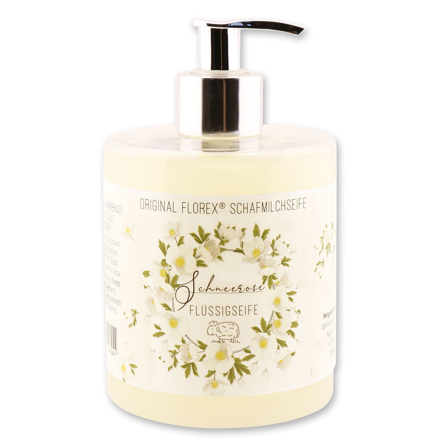 Flüssigseife mit Spender. Aufschrift: Original Florex Schafmilchseife, Schneerose Flüssigseife. Etikett mit Blumenkranz.