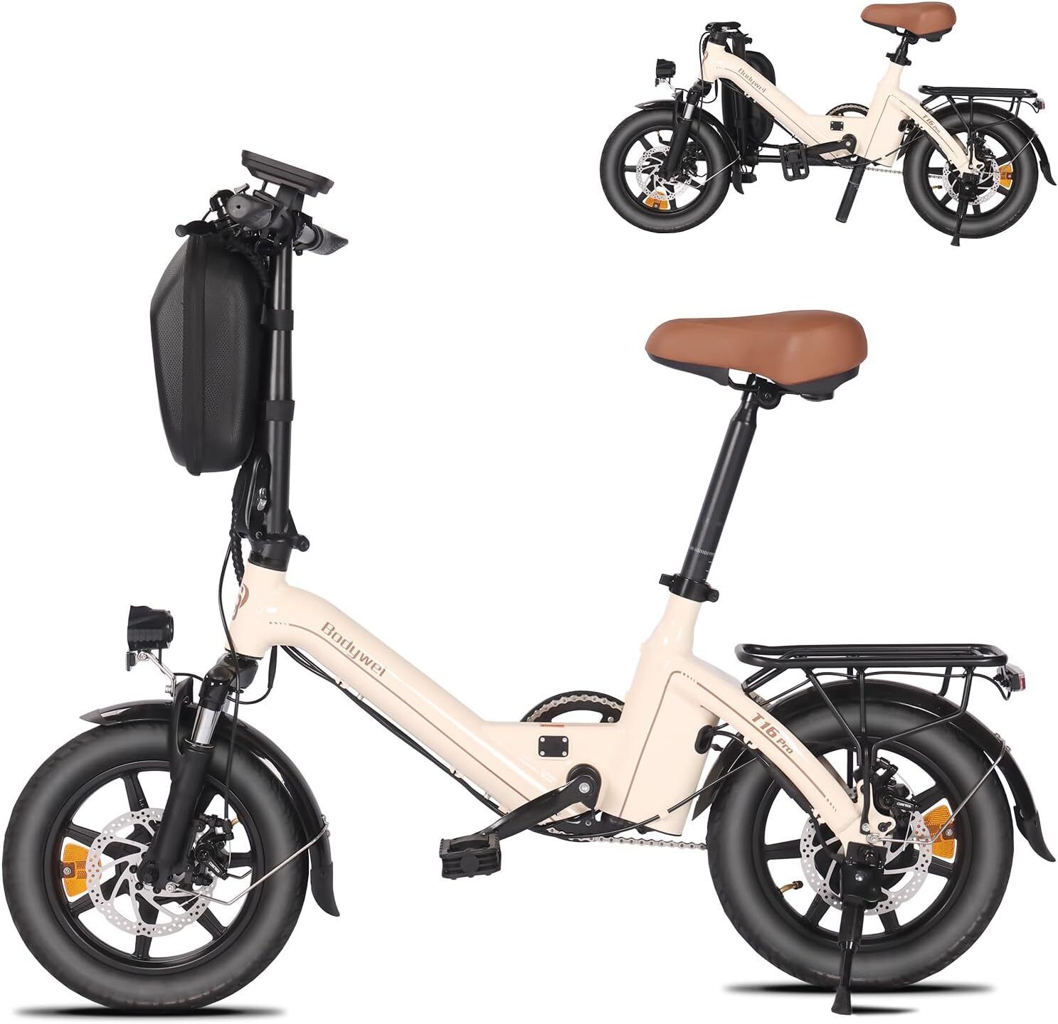 Faltbares Elektrofahrrad, cremefarben, schwarze Reifen, brauner Sattel. Gepäckträger, Kotflügel, Scheibenbremsen. Zusätzliches kleines Bild.