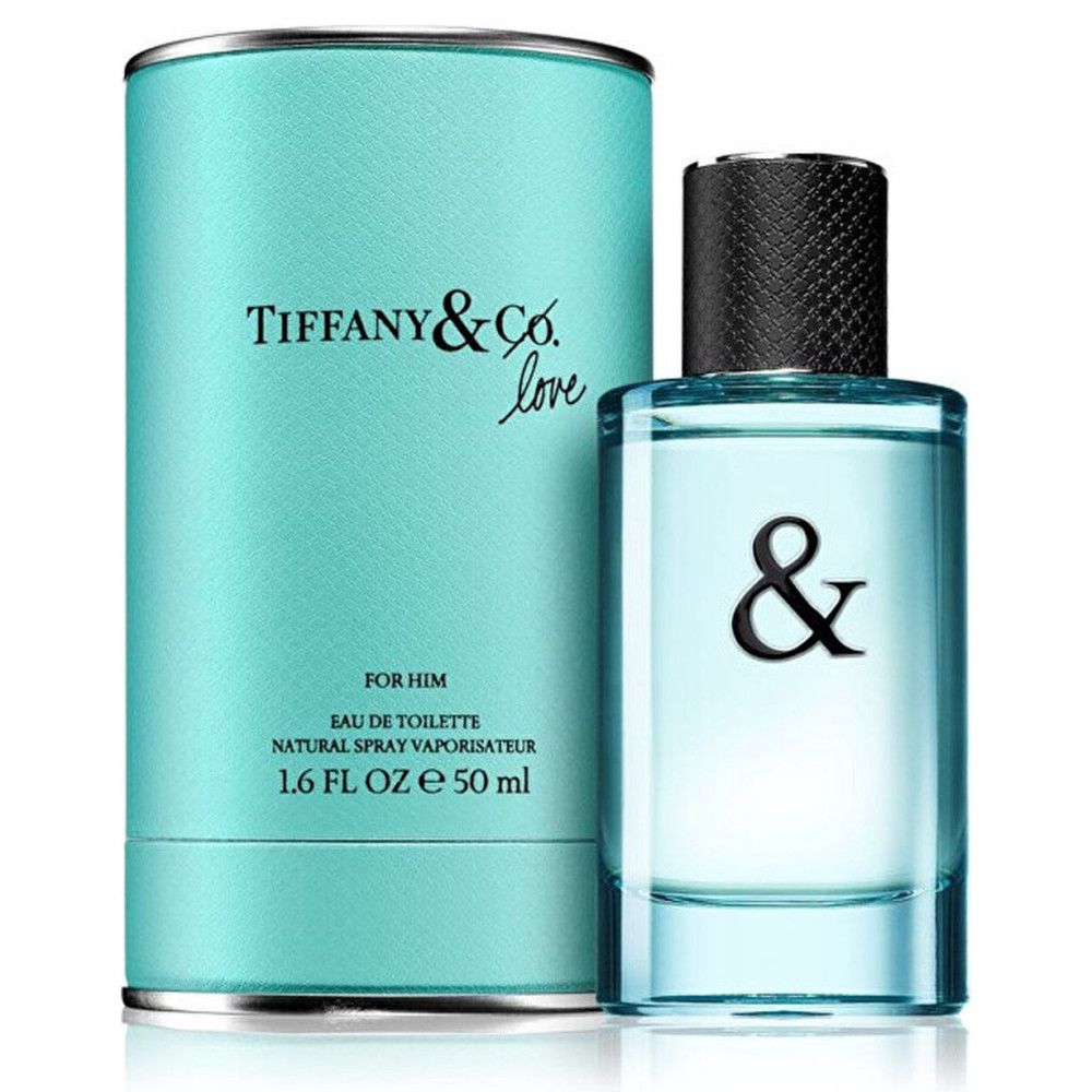 Türkisfarbene Verpackung und Flakon. Flakon mit schwarzem Deckel und & Zeichen. Aufschrift: Tiffany & Co. Love.
