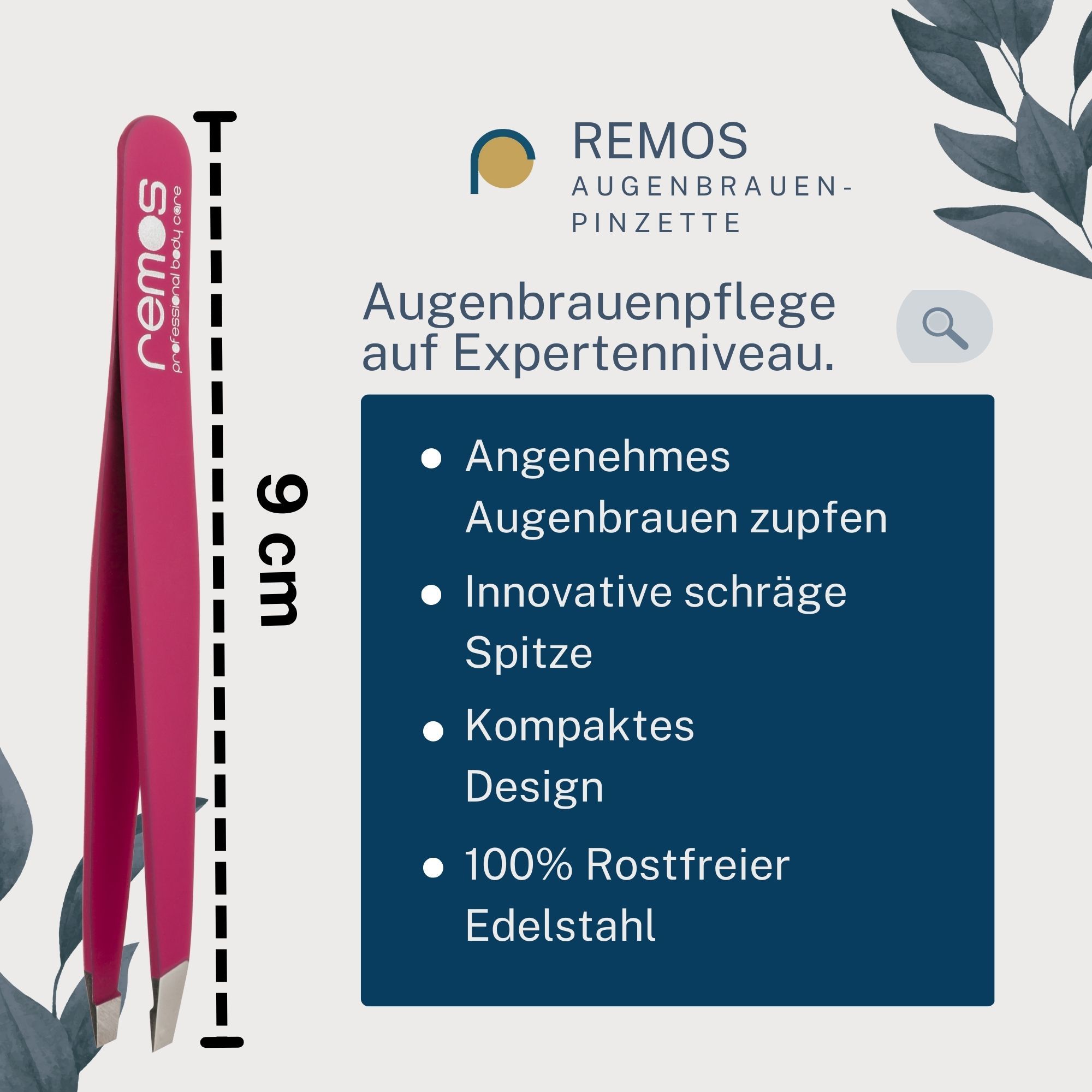 REMOS Augenbrauenpinzette, 9 cm lang, aus rostfreiem Edelstahl, mit schräger Spitze.