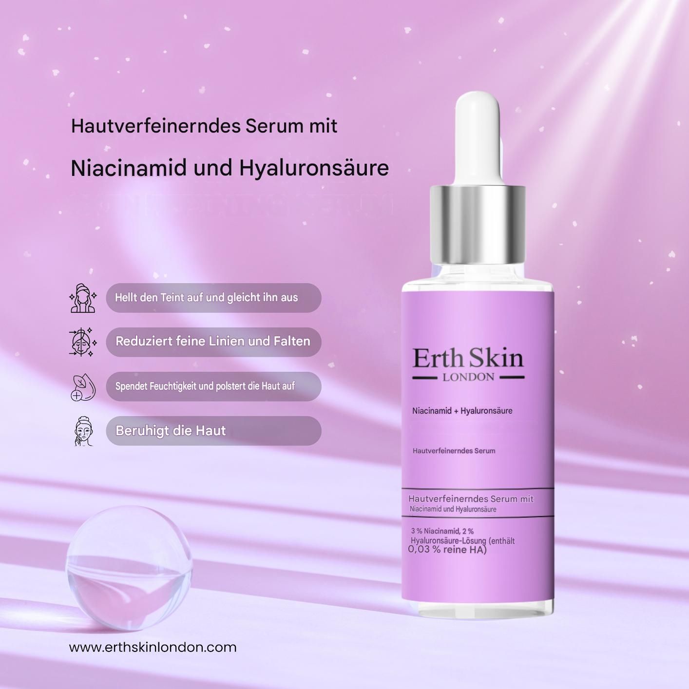 Hautverfeinerndes Serum mit Niacinamid und Hyaluronsäure von Erth Skin London, 30ml Flasche.