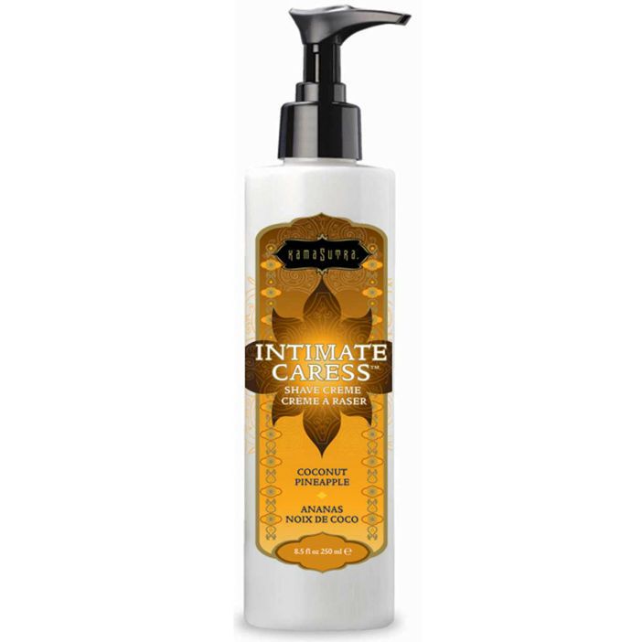 Weiße Flasche mit Pumpspender, Kamasutra Intimate Caress Rasiercreme, Kokosnuss-Ananas.