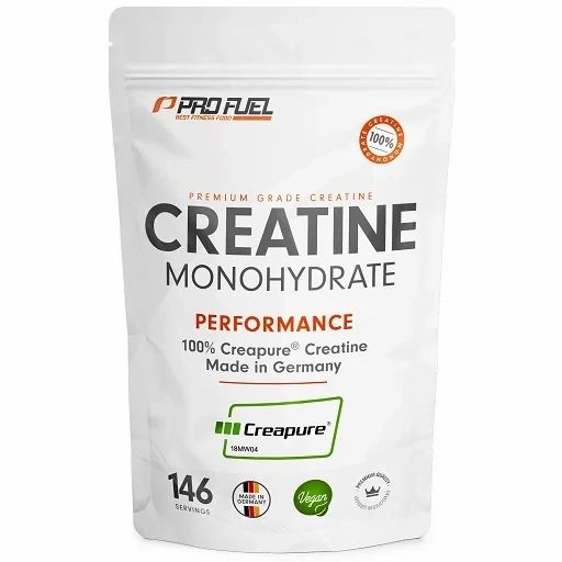 Beutel mit ProFuel Creatine Monohydrat. Text: 100% Creapure, Made in Germany. Siegel: Vegan.