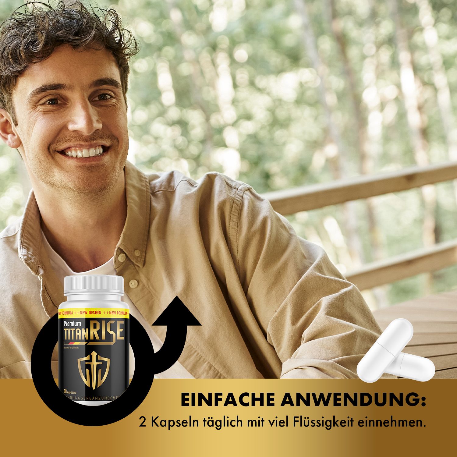 Mann lächelt. Flasche mit gelb-schwarzem Etikett. Text: Einfache Anwendung: 2 Kapseln täglich. Zwei weiße Kapseln daneben.