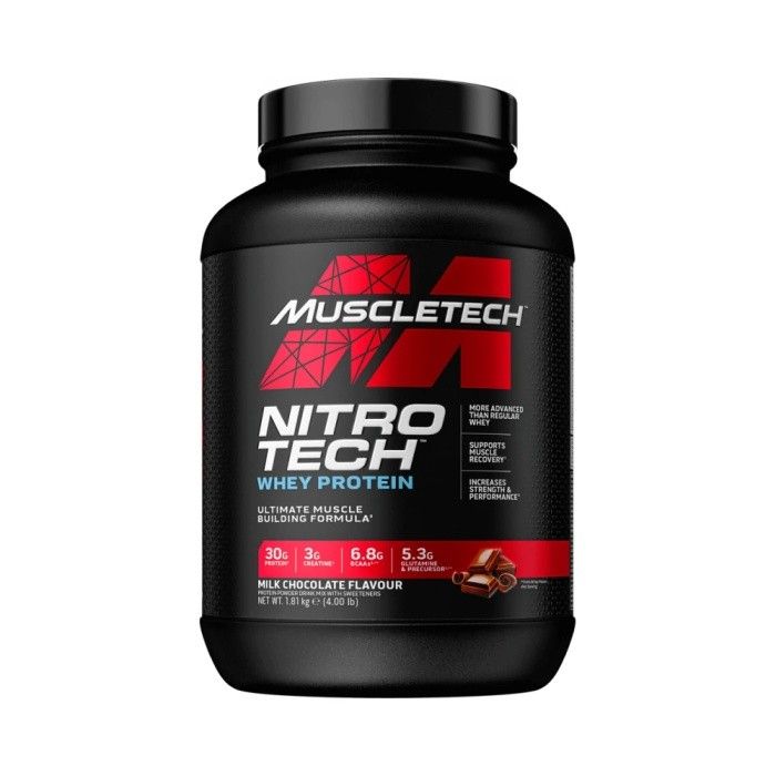 Schwarze Dose mit rotem Logo. Aufschrift: MuscleTech Nitro-Tech Whey Protein. Milchschokoladen-Geschmack. Enthält Nährwertangaben.
