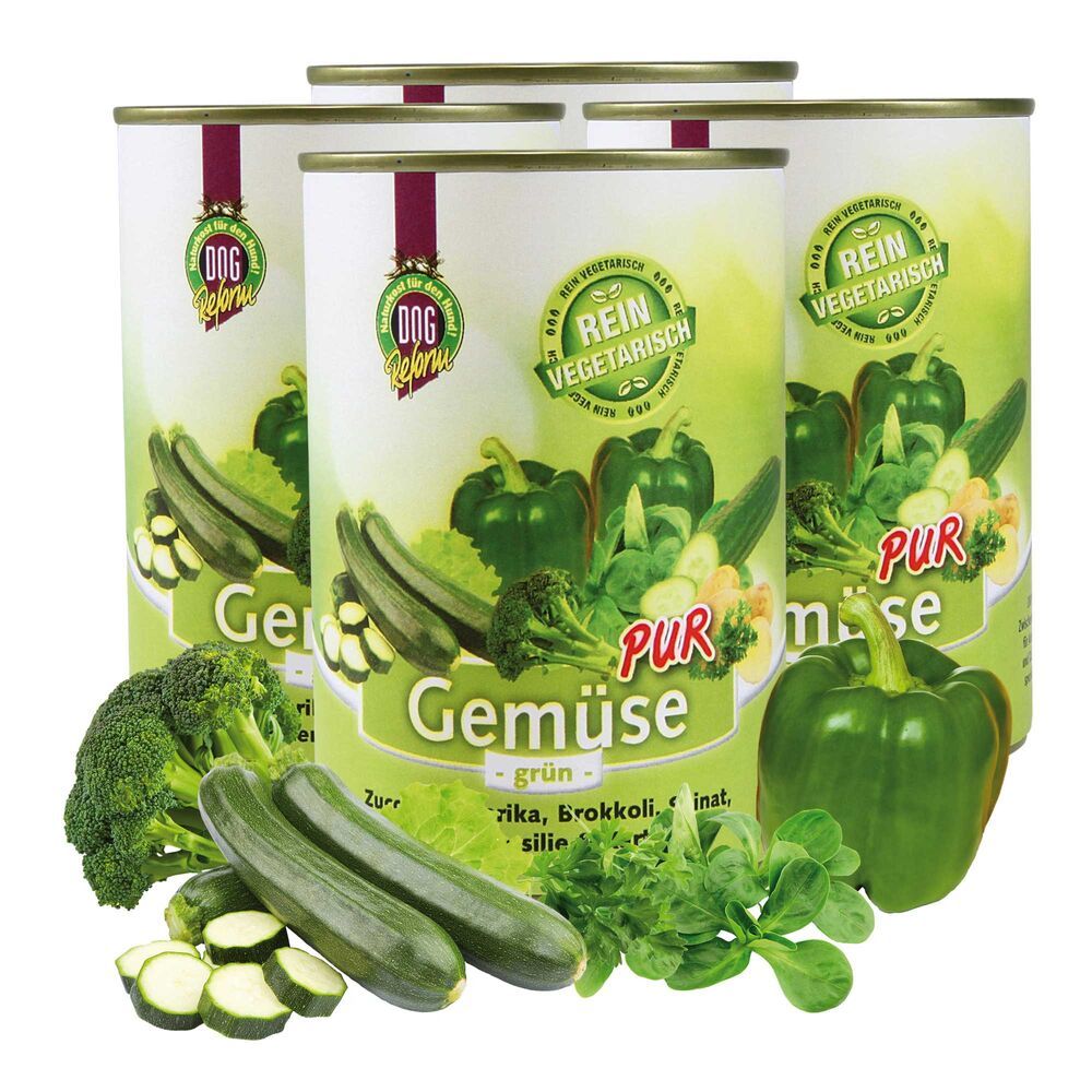 Mehrere Dosen Gemüse pur, grün. Aufschrift: Rein vegetarisch. Abgebildet sind Gemüse wie Zucchini, Brokkoli, Spinat.