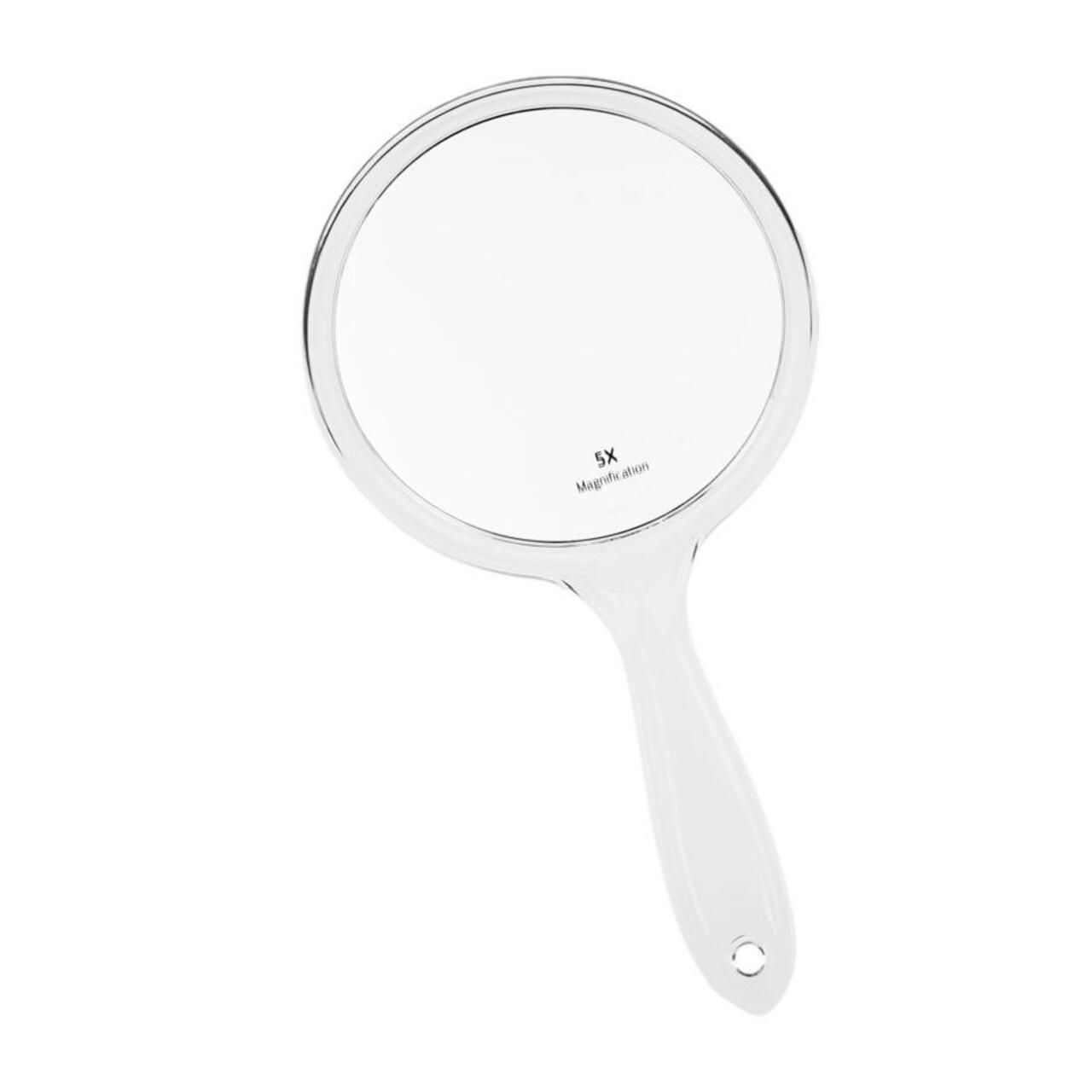 Handspiegel mit weißem Griff. Runde Spiegelfläche mit 5x Vergrößerung. Acryl-Material.