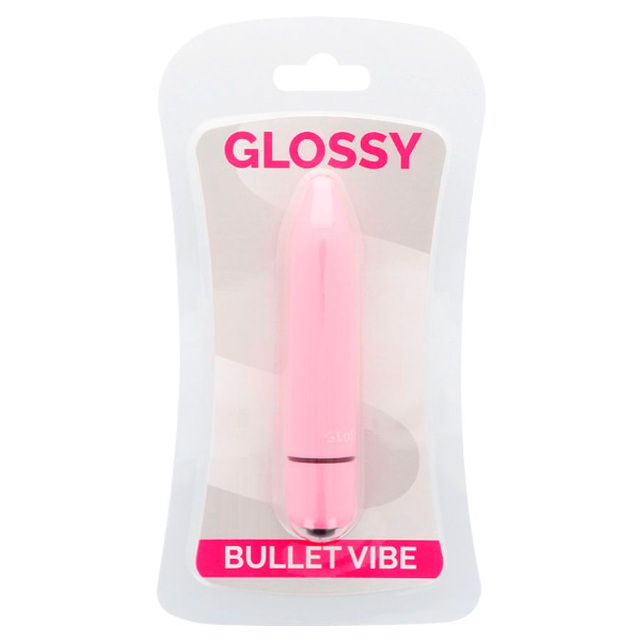 Rosa Minivibrator in Blisterverpackung. Auf der Verpackung steht "GLOSSY" und "BULLET VIBE".