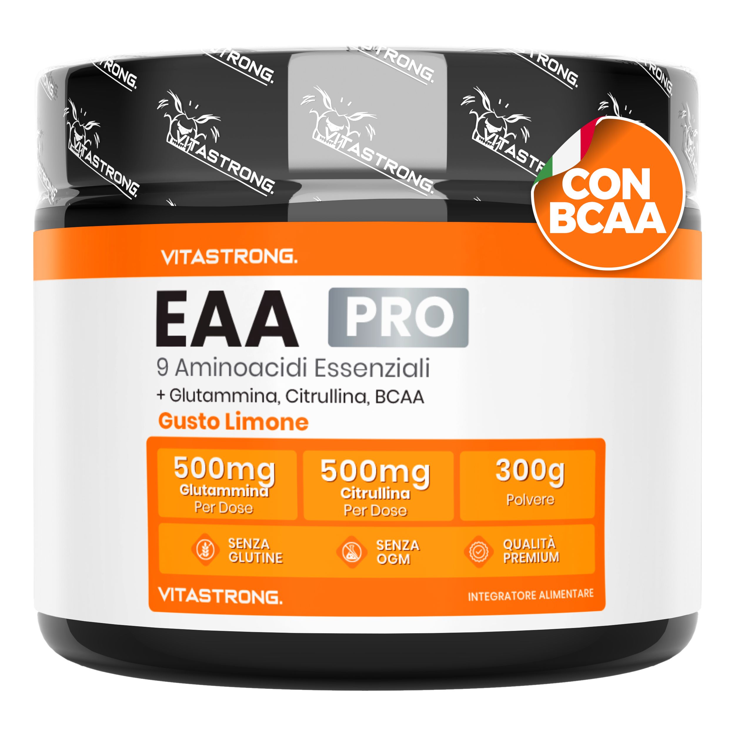 Vitastrong EAA PRO Zitrone. Dose mit Pulver, 300g. Enthält 9 essentielle Aminosäuren. Mit BCAA und Zitronengeschmack.