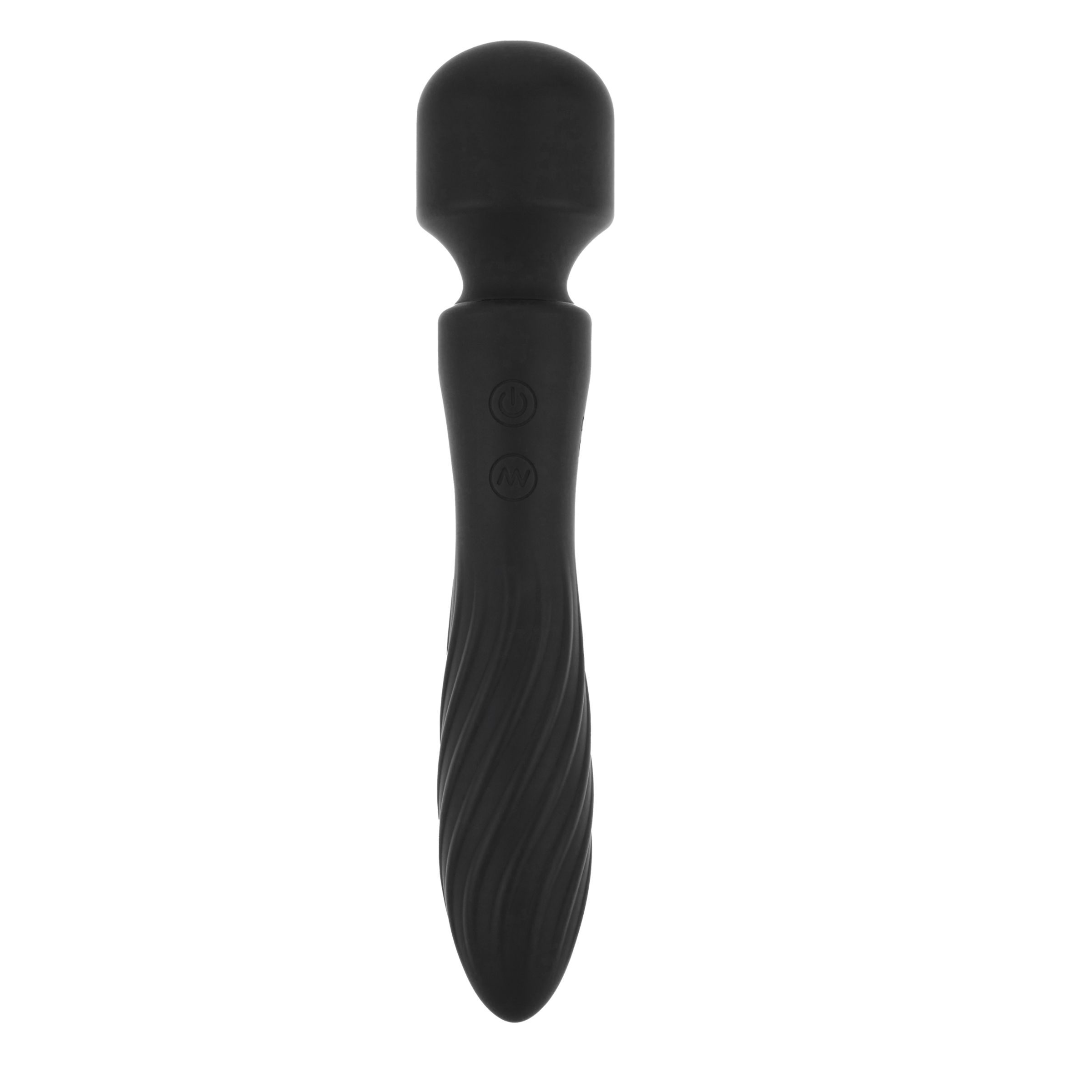 Schwarzes Massagegerät mit abgerundetem Kopf und geriffeltem Griff. Zwei Knöpfe sind sichtbar.