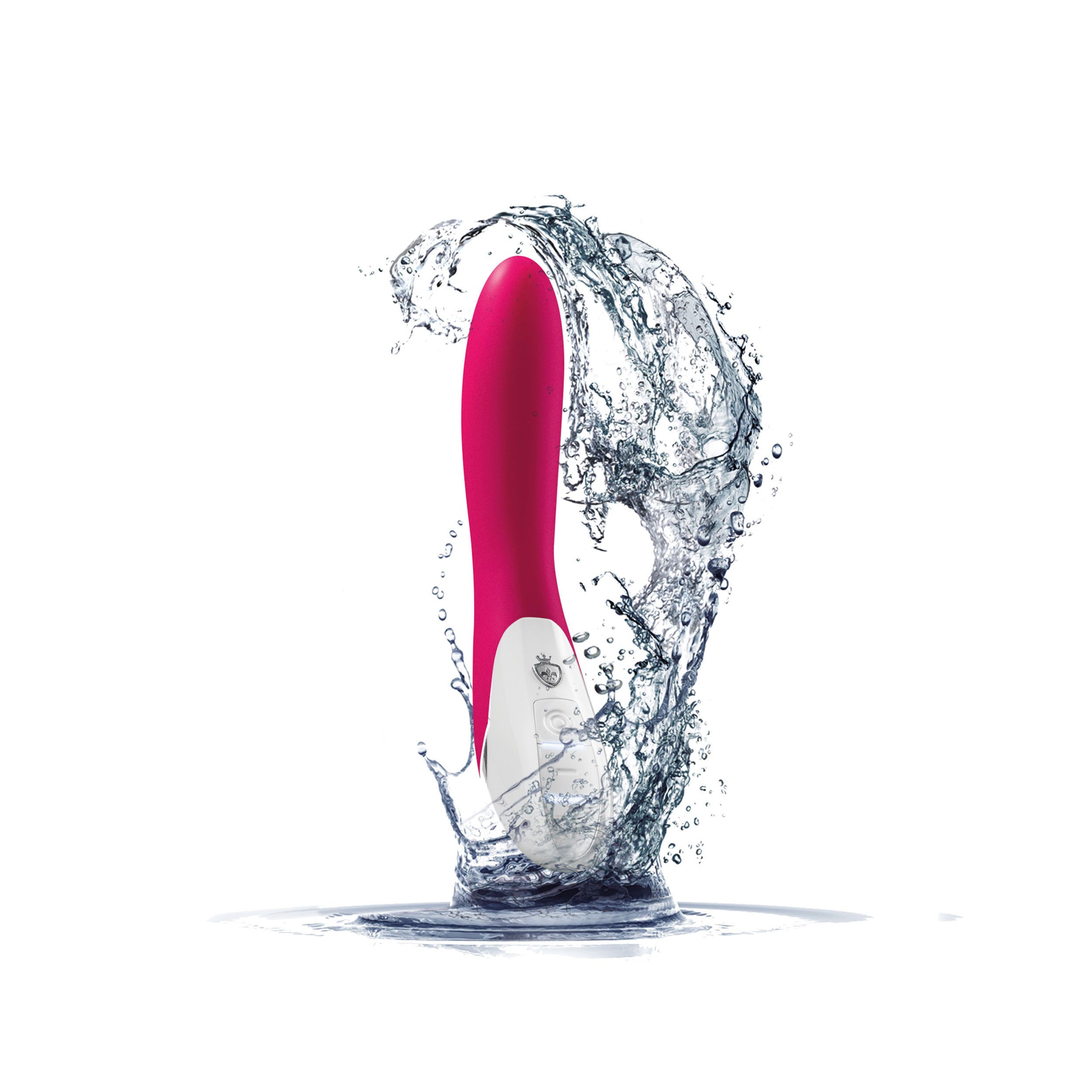 Pinkfarbener Vibrator im Wasser. Weißes Bedienfeld. Wasser spritzt um das Produkt.
