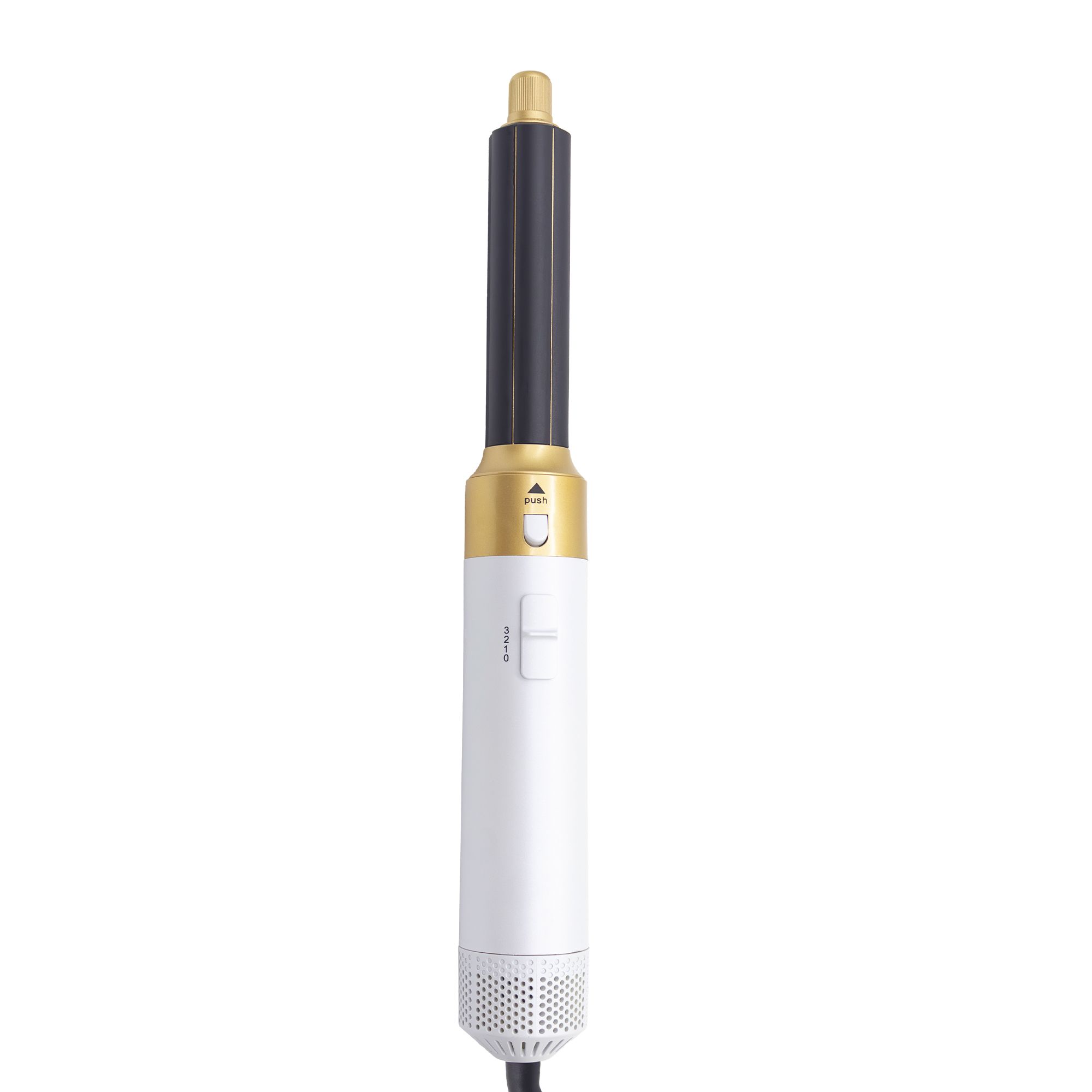 Erth Beauty 5-in-1 Airflow Haarstyling Revolution. Weißes Gerät mit schwarzem Aufsatz. Goldene Akzente. Netzkabel.