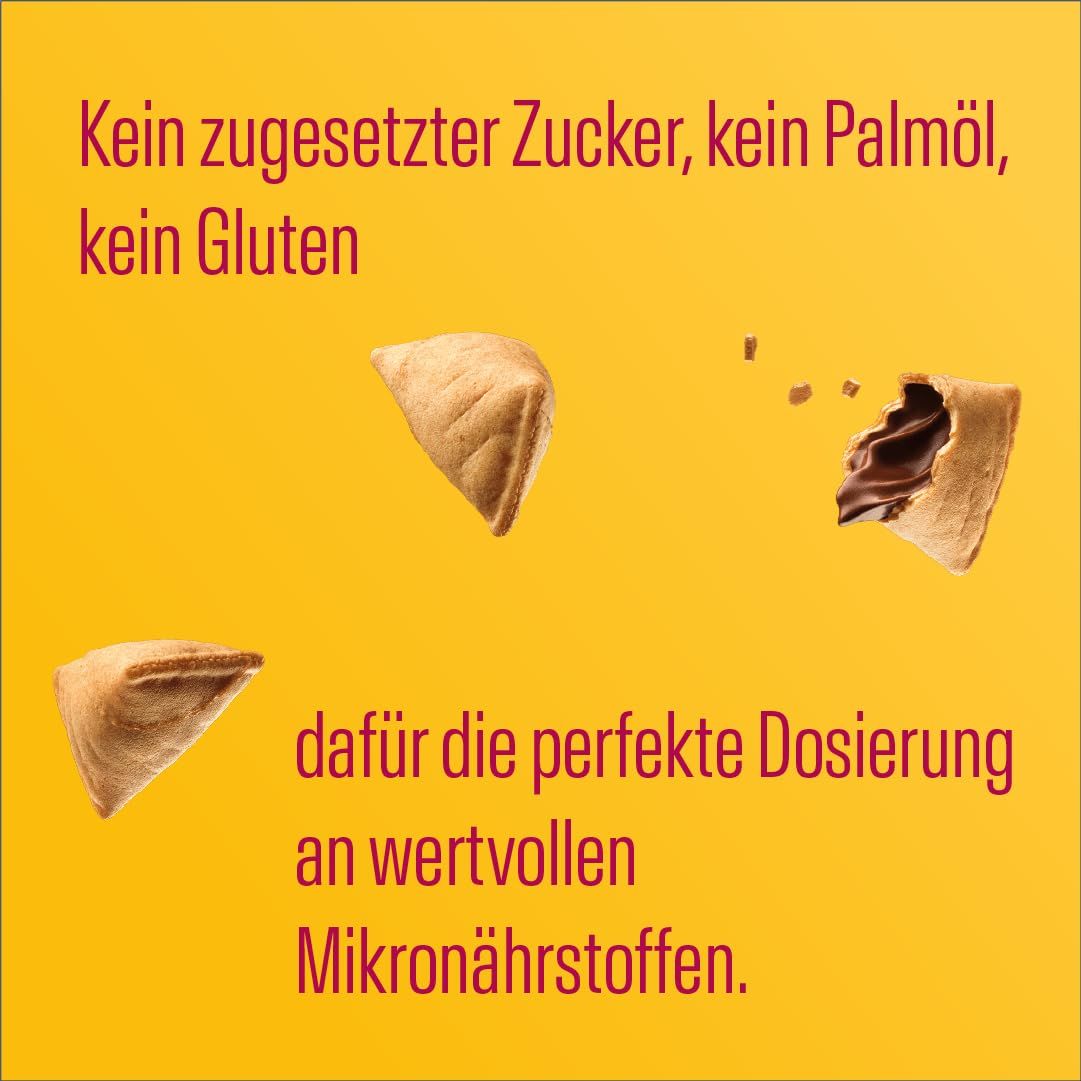Drei Snacks mit Schokoladencreme. Text: "Kein Zucker, kein Palmöl, kein Gluten". Text: "Mikronährstoffe".