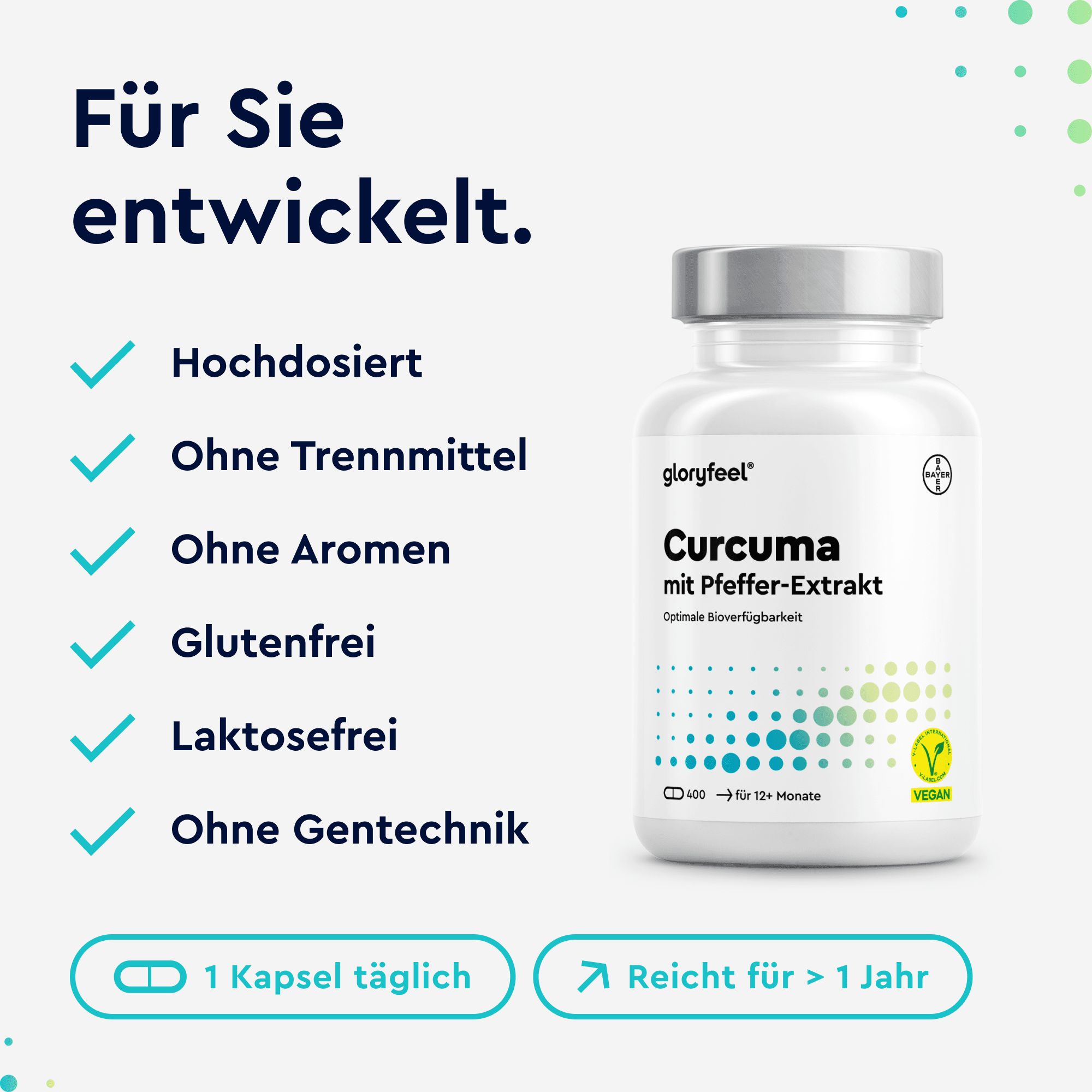 gloryfeel® Curcuma 400 Kapseln - Original indisches Kurkumapulver - 700mg/Kapsel, Curcumin & Piperin