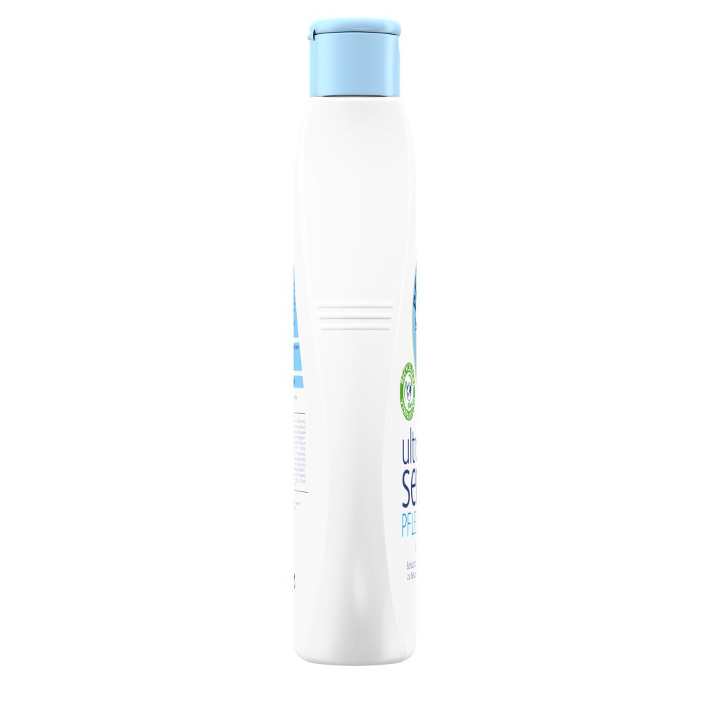 Weiße Flasche mit blauem Deckel, Seitenansicht. Aufschrift teilweise sichtbar. Recycelt-Symbol.