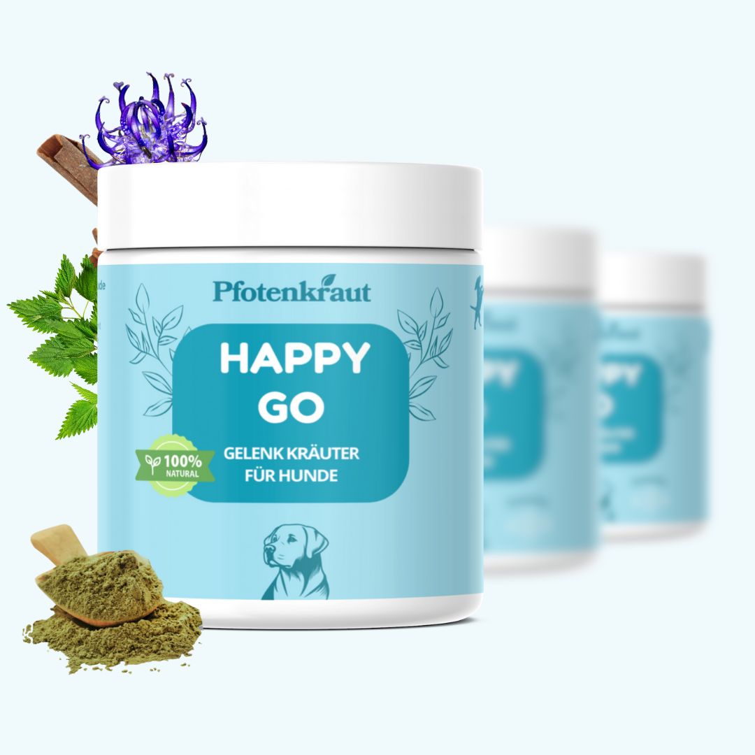 Blau-weiße Dose mit Aufschrift HAPPY GO, Gelenk Kräuter für Hunde. 100% Natural-Siegel. Kräuter und Blüten als Dekoration.