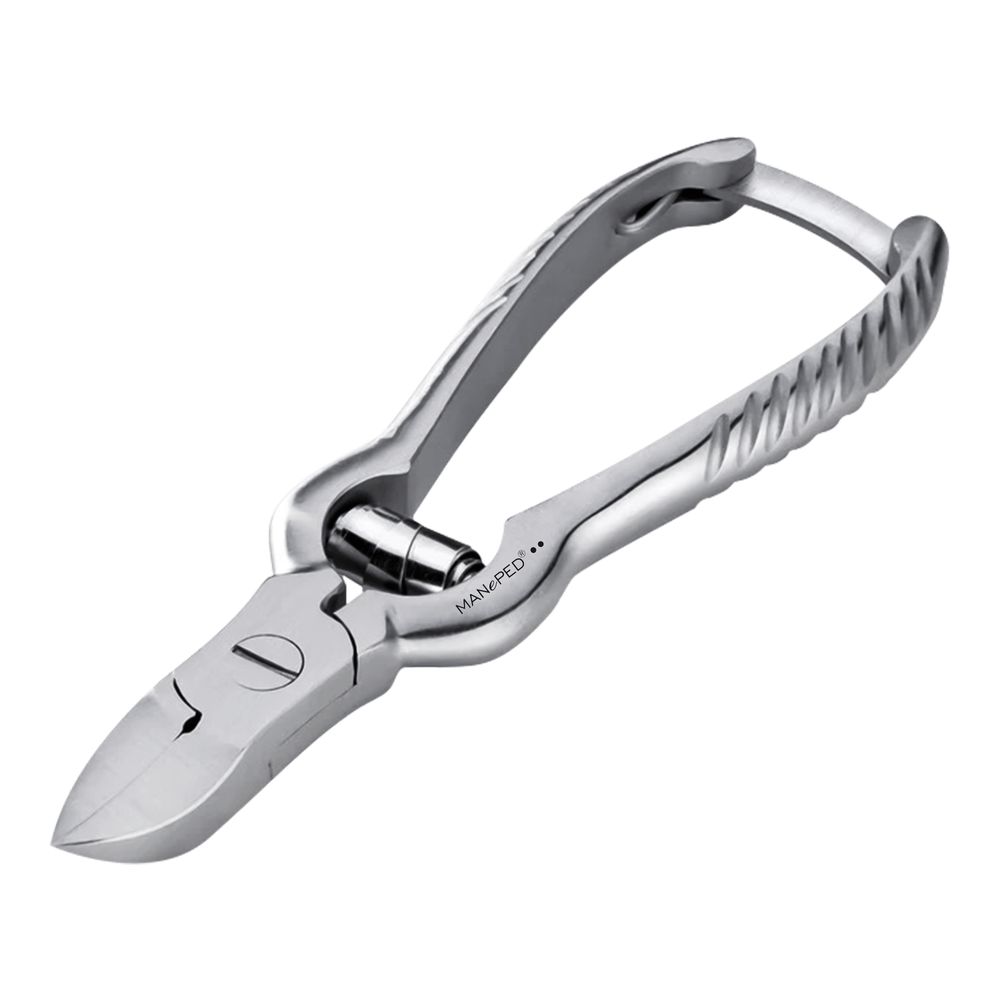 Nagelzange aus Metall. Mit MAN-PED-Logo. Ergonomisch geformte Griffe mit Riffelung. Für die Nagelpflege.
