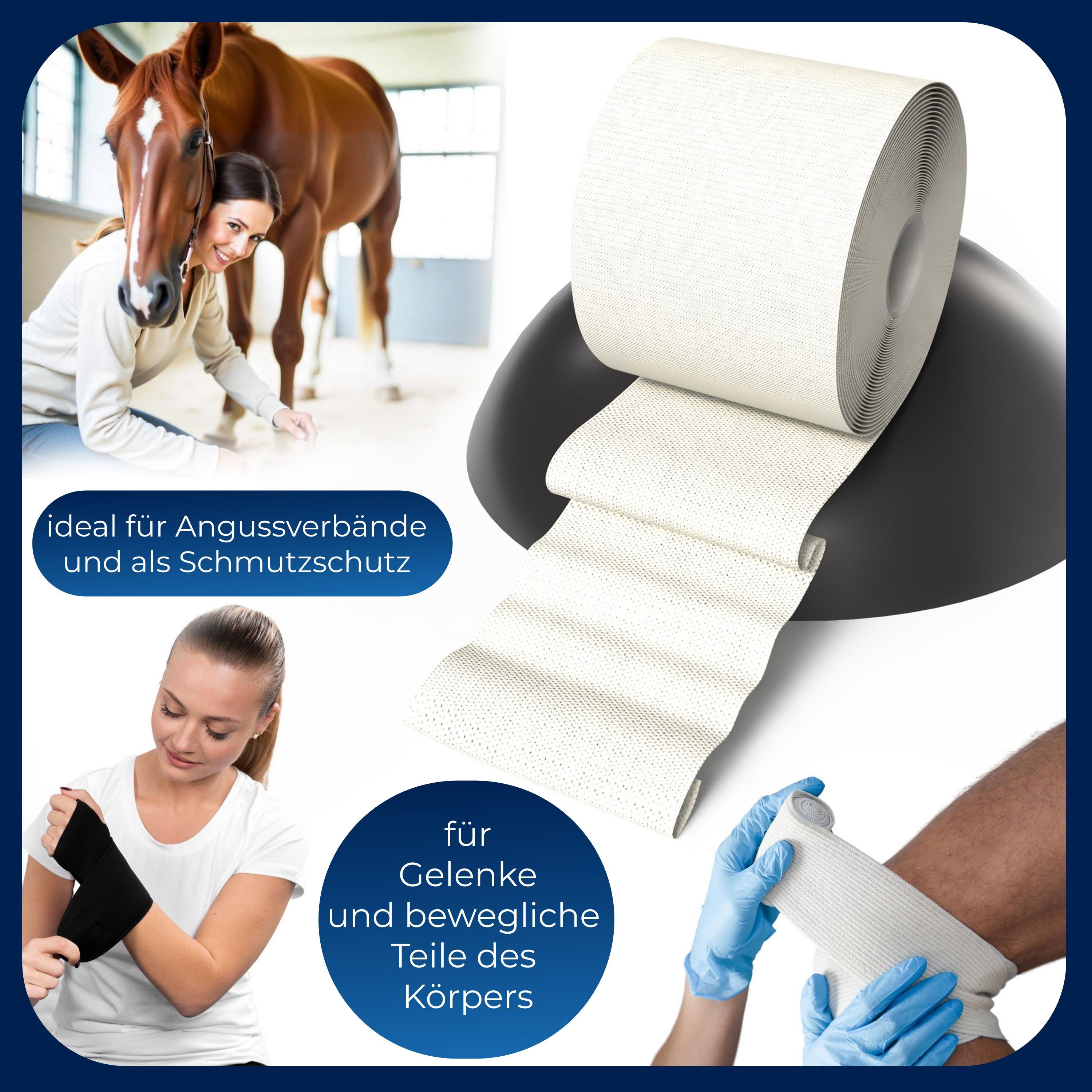 Bildercollage: Pferd, Frau, Bandage. Text: ideal für Angussverbände und als Schmutzschutz. Bandage wird angelegt.